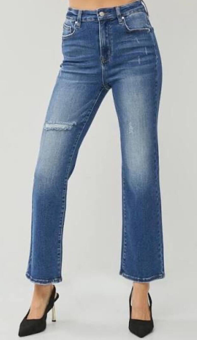 Risen High Rise Straight Ankle Jeans size 7/28 Distressed Knee